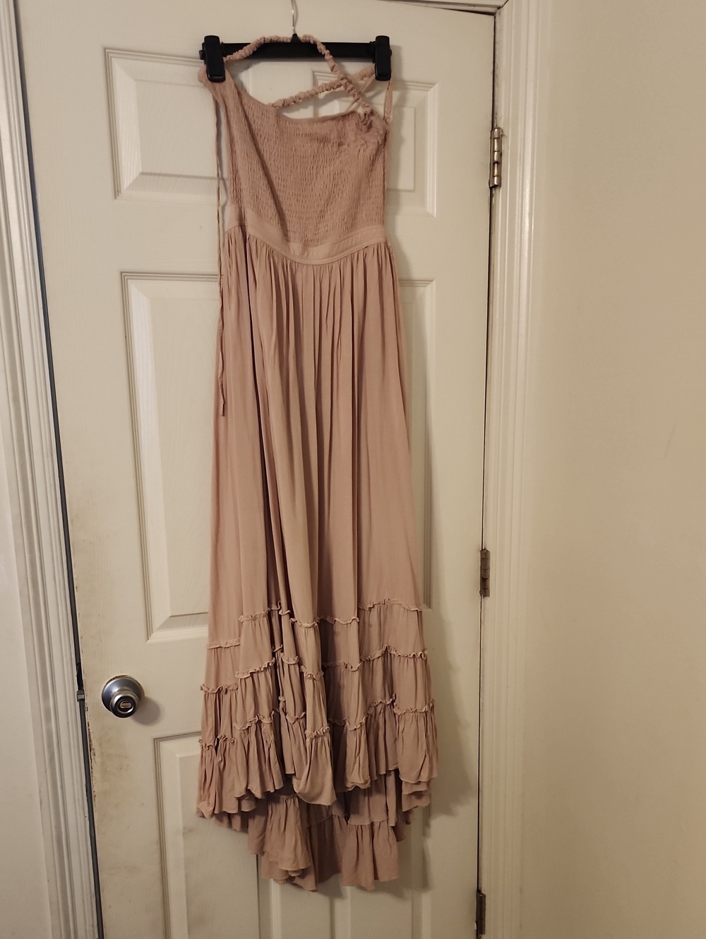 Macy's Beige Smocked Bodice Maxi Dress with Tiered Ruffle Hem